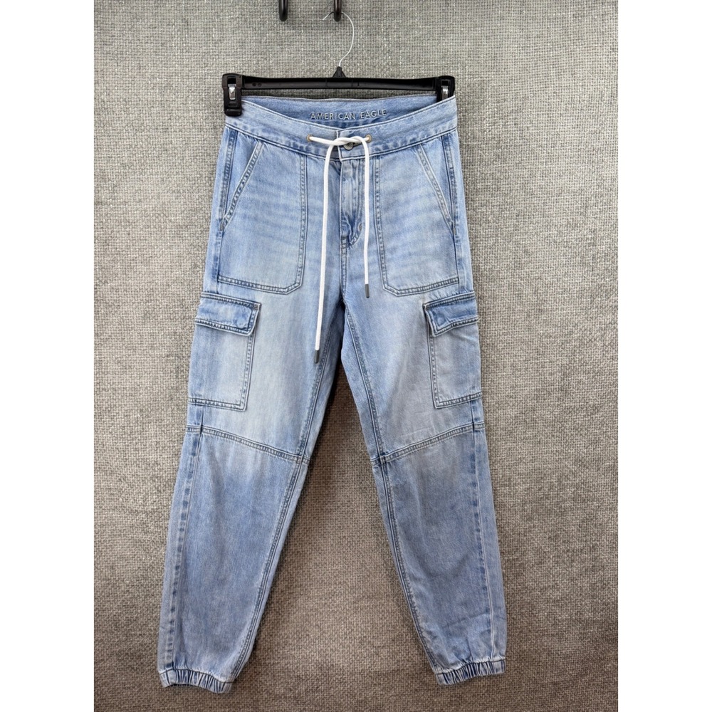 American Eagle Women SZ 0 Cargo Jogger Denim Y2K Light Wash Highwaist Drawstring